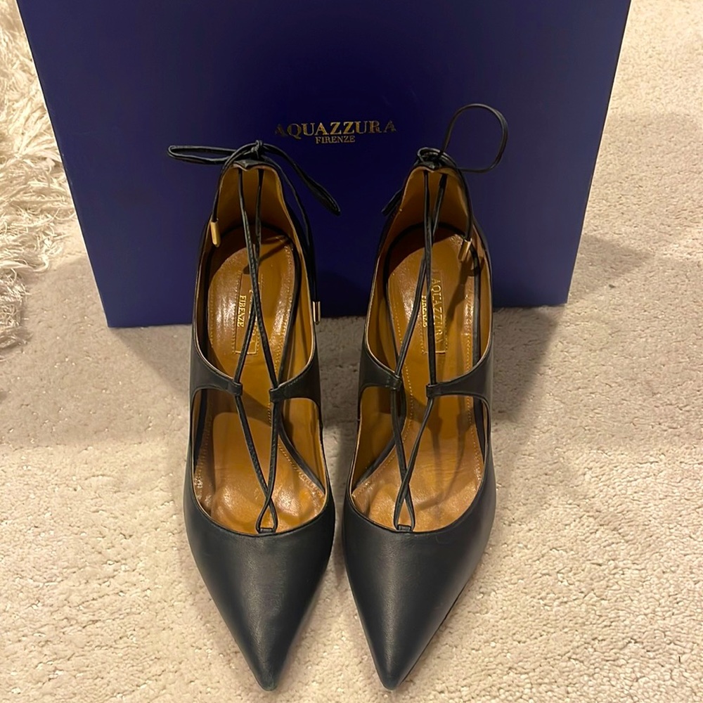 AQUAZZURA BLACK LEATHER LACE UP STRAPPY HEEL PUMPS 105